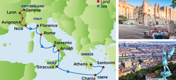 New Journey to Geneva, Provence and Santorini Map